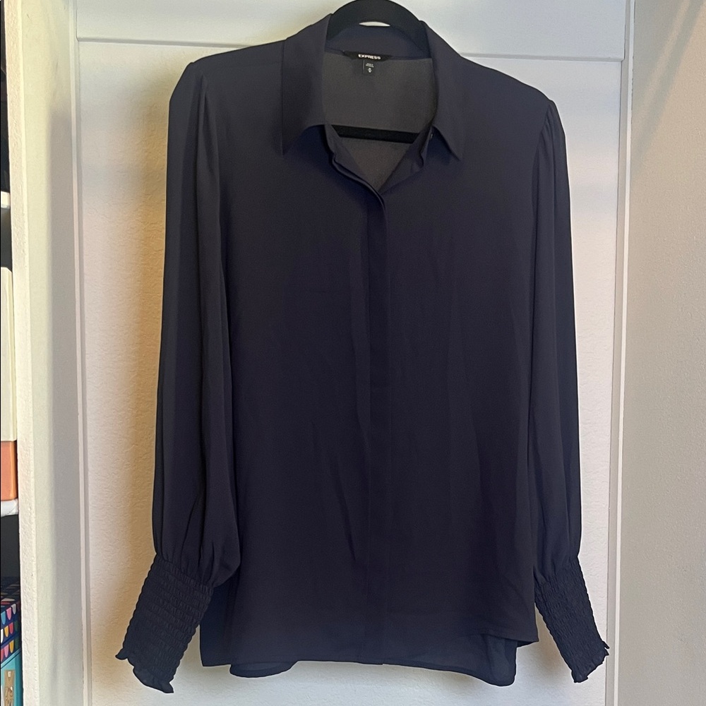 Express collared button up Medium Navy Blue smocked cuffs ballon sleeve